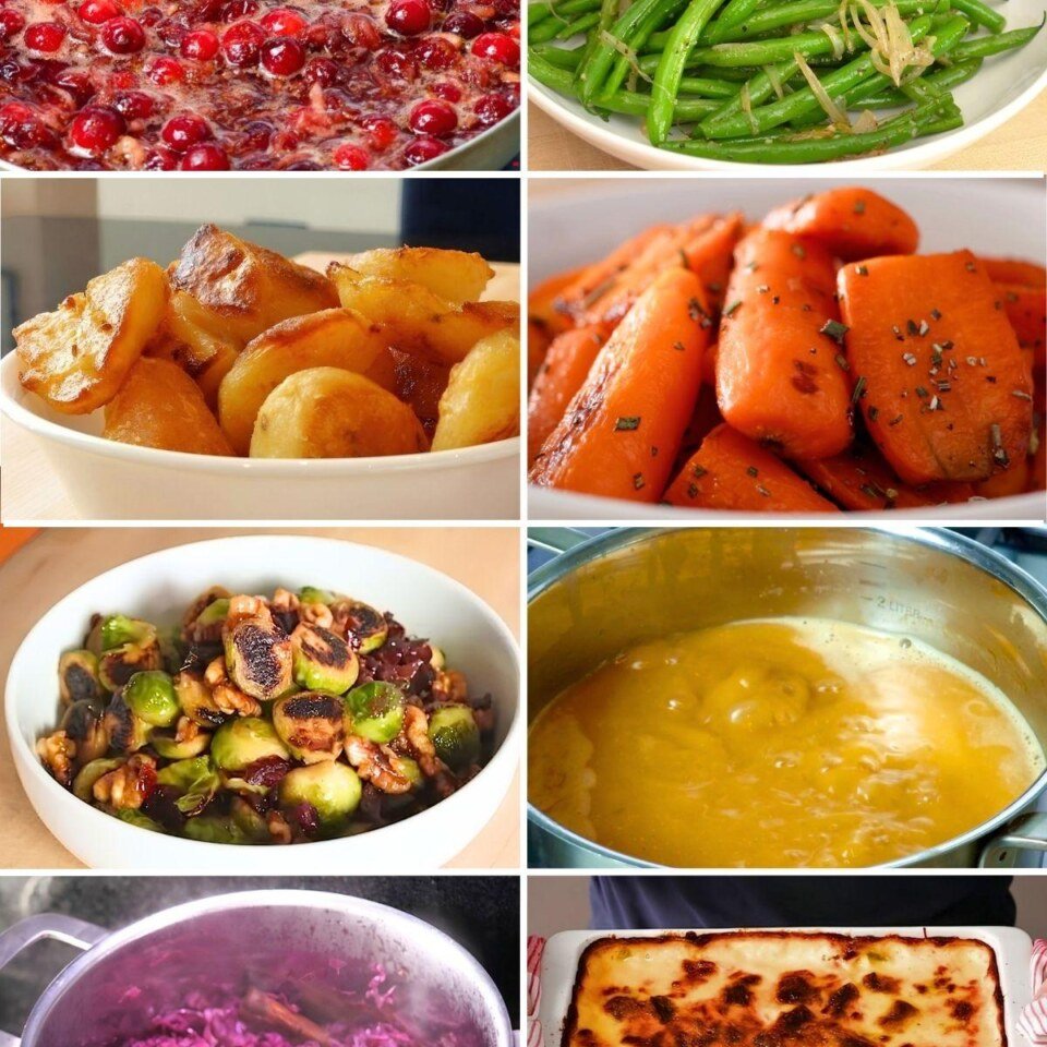 Collage of cranberry sauce, green beans, roasted carrots, roast potatoes, gravy, brussels sprouts, red cabbage