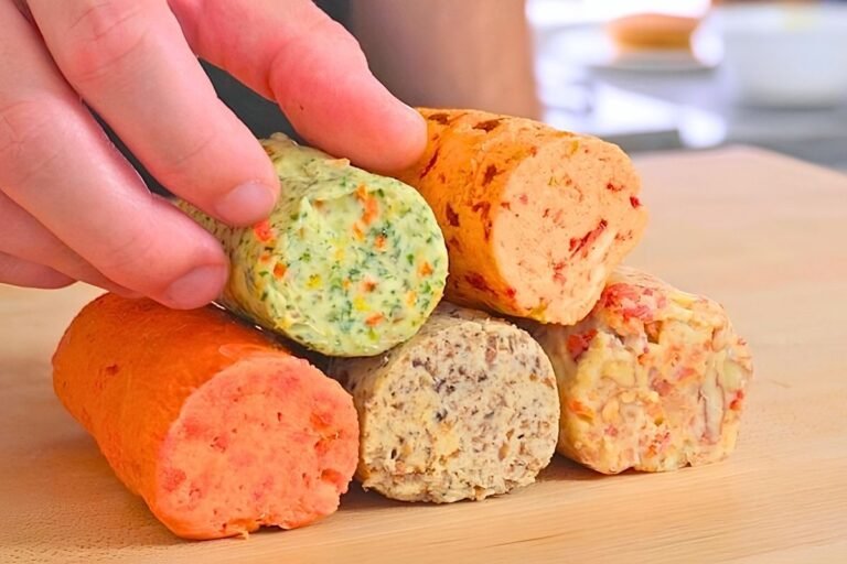 Hand lifting a roll of green herb butter from a stack of five coloured butter logs