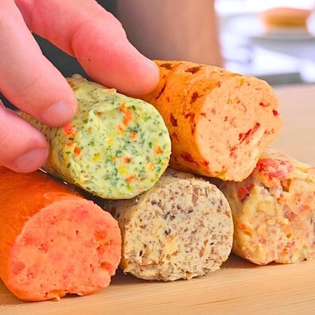 Hand lifting a roll of green herb butter from a stack of five coloured butter logs