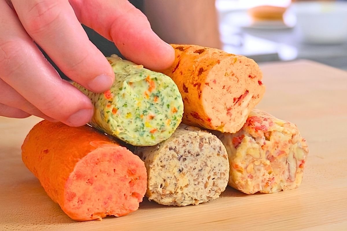 Hand lifting a roll of green herb butter from a stack of five coloured butter logs