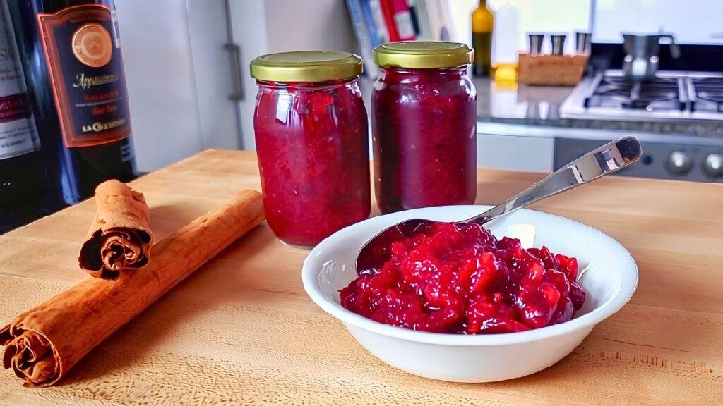 bowl of cranberry sauce with jars of cranberry sauce on a wooden counter top