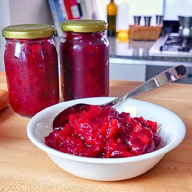 bowl of cranberry sauce with jars of cranberry sauce on a wooden counter top