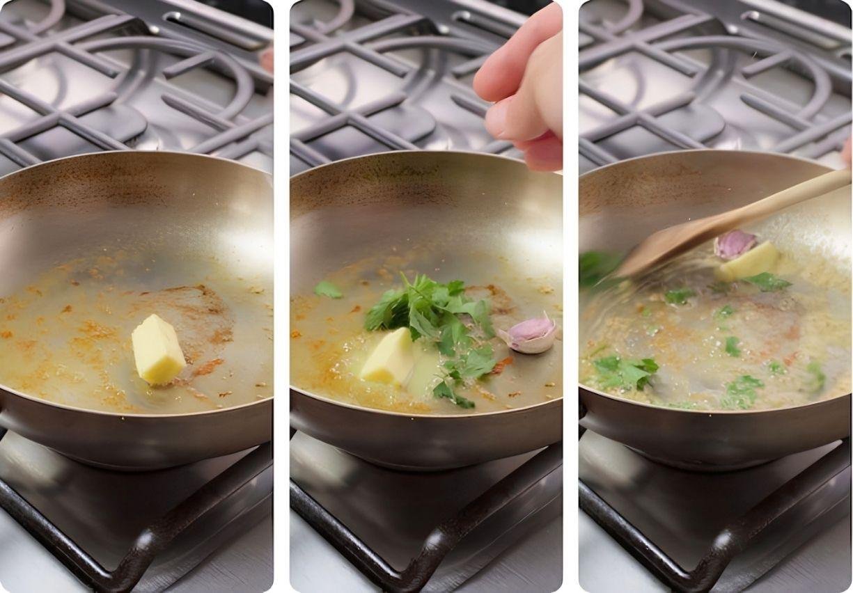 Three step photos of butter, parsley and shallot being added to a steel pan to make a pan sauce