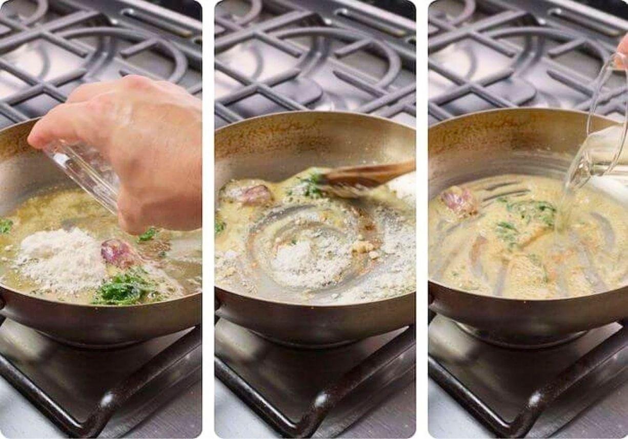 Three step photos of flour, garlic and herbs cooking in a steel pan to start a pan sauce