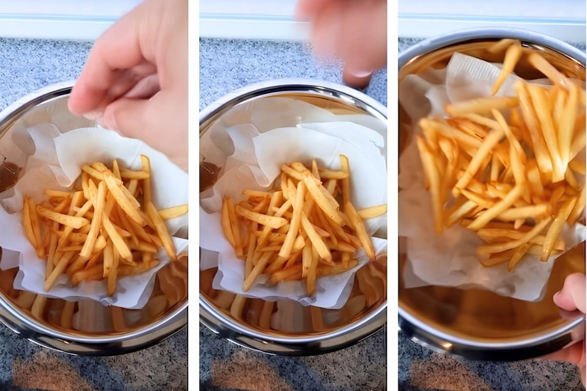 Three step photos of golden fries being salted and tossed in a steel bowl lined with paper towel