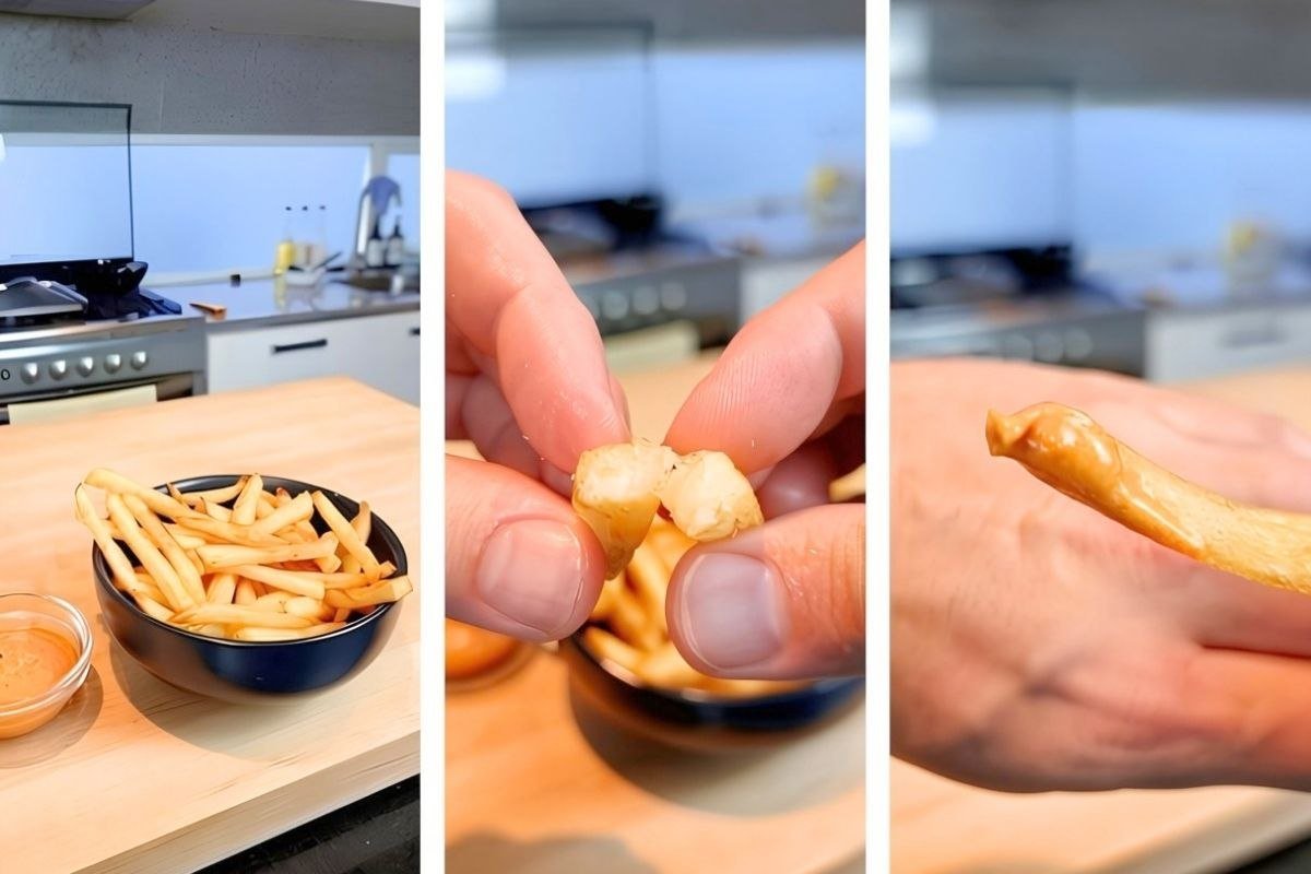 Three close up photos of a hand breaking a french fry open to show its crisp outside and fluffy inside