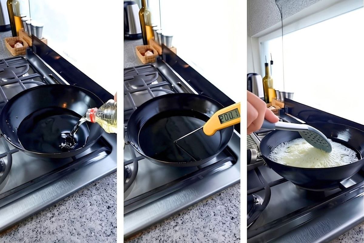 Three step photos of oil heating in a black pan, being checked with a thermometer, and potatoes frying