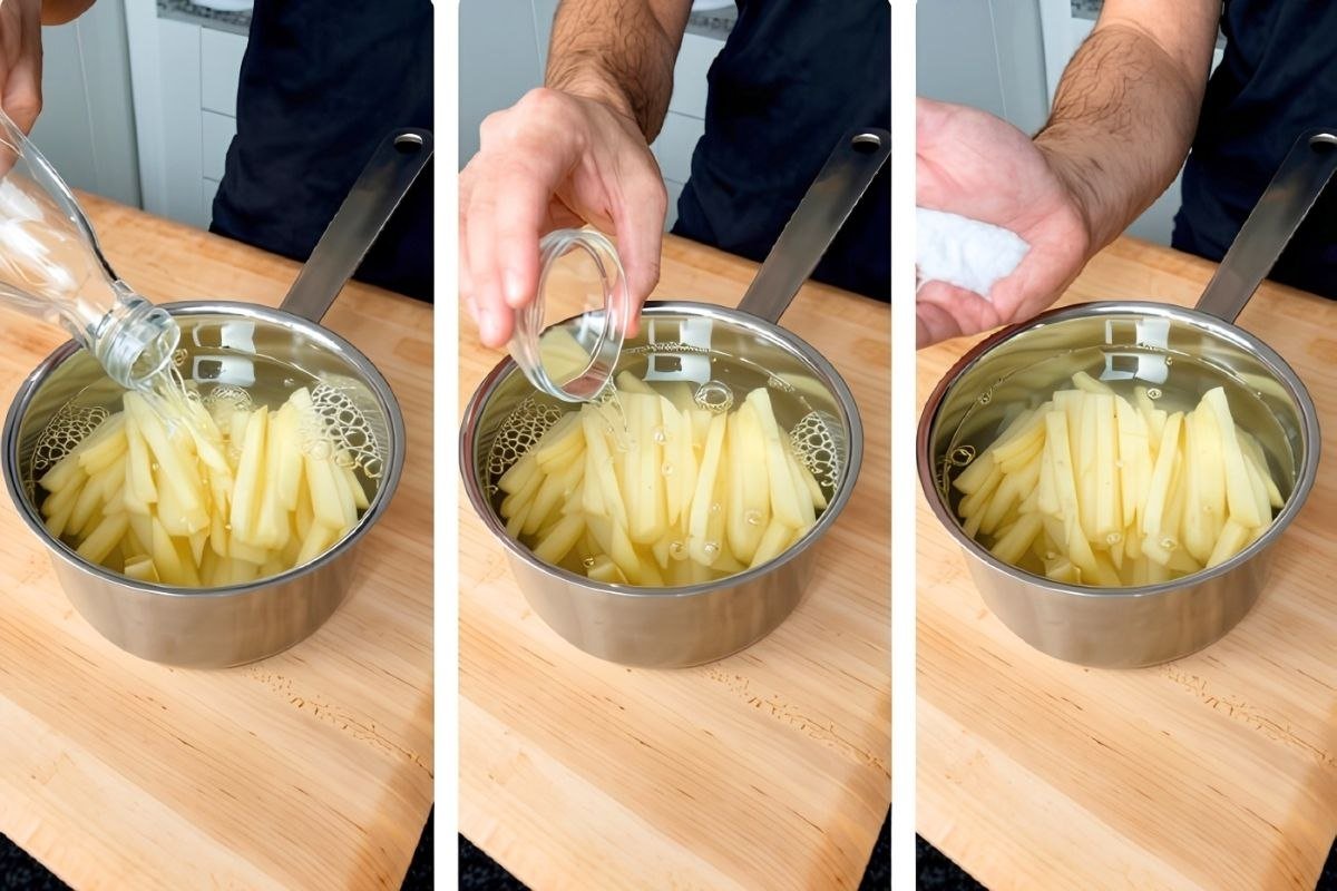 Three step photos of cut potato fries in a steel pot being covered with water and sprinkled with salt