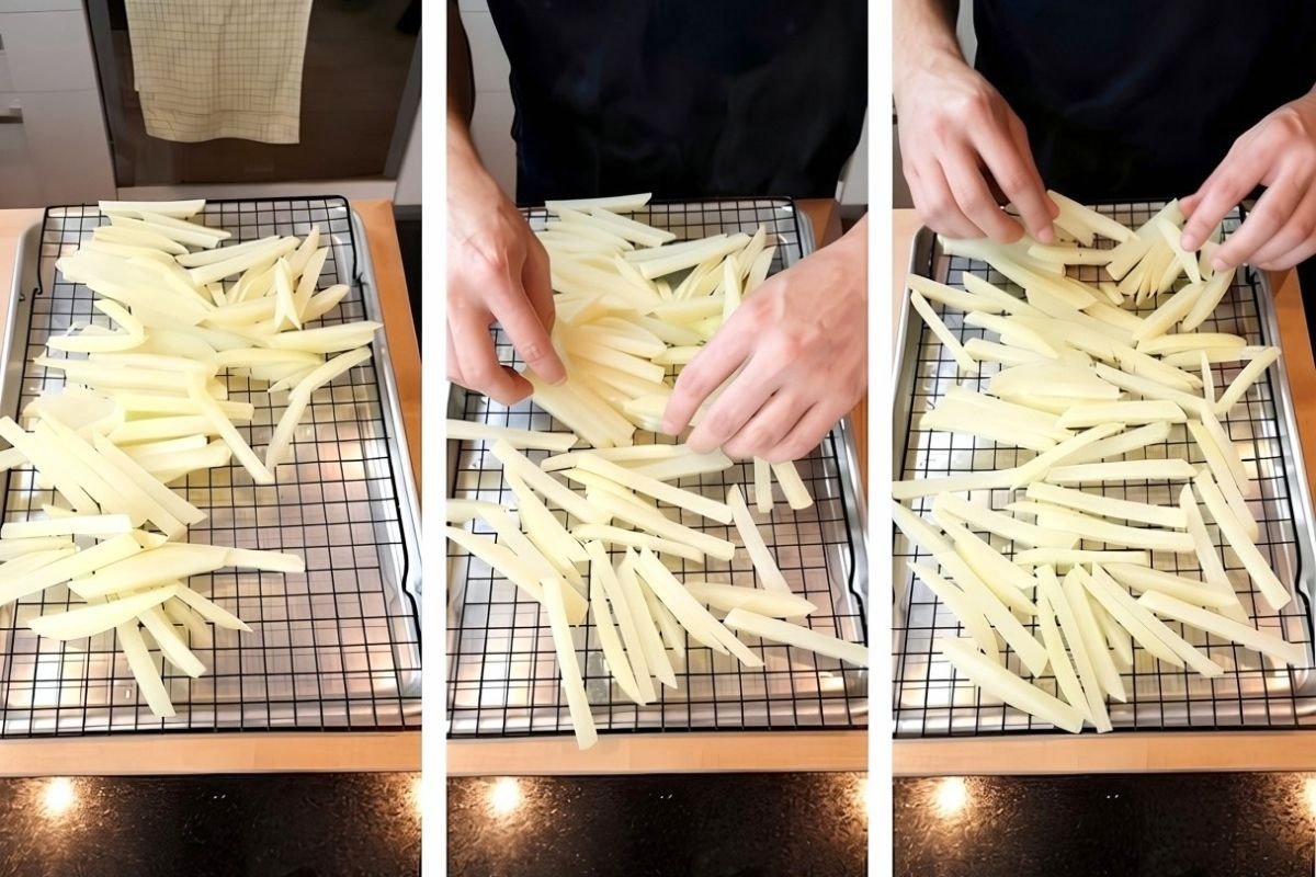 Three step photos of hands arranging raw potato fries in rows on a wire rack