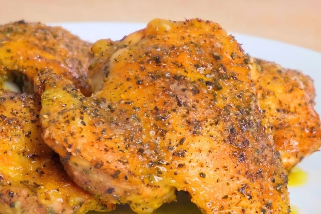 Close up of golden roast chicken thighs with a crisp, herb dusted skin