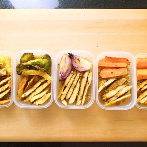 5 meal preps on a chopping board
