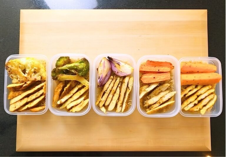 5 meal preps on a chopping board