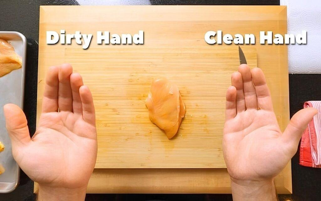 two hands with a chicken breast, showing the dirty hand, clean hand method
