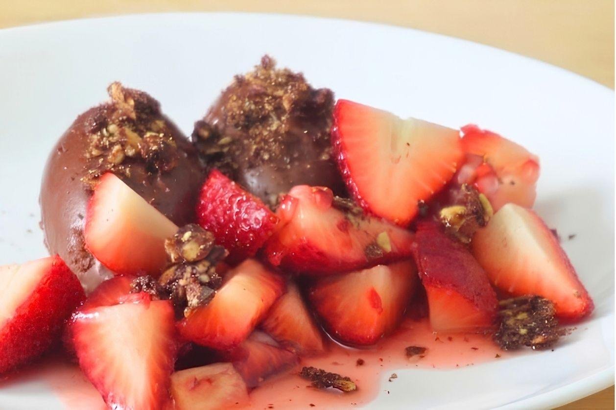close up of chocolate strawberry plated dessert
