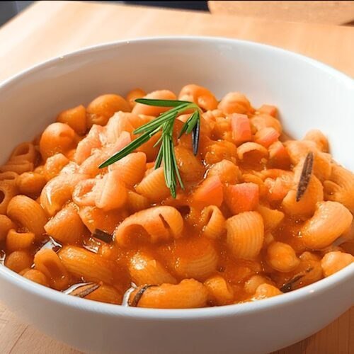 pasta and chickpeas in a tomato-based sauce