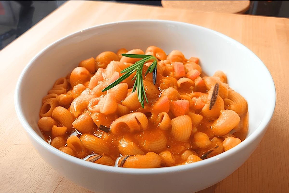 pasta and chickpeas in a tomato-based sauce