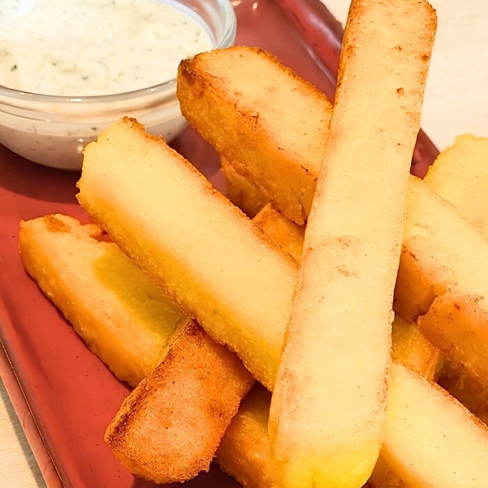 Golden polenta fries stacked on a red dish beside a small glass bowl of creamy dip