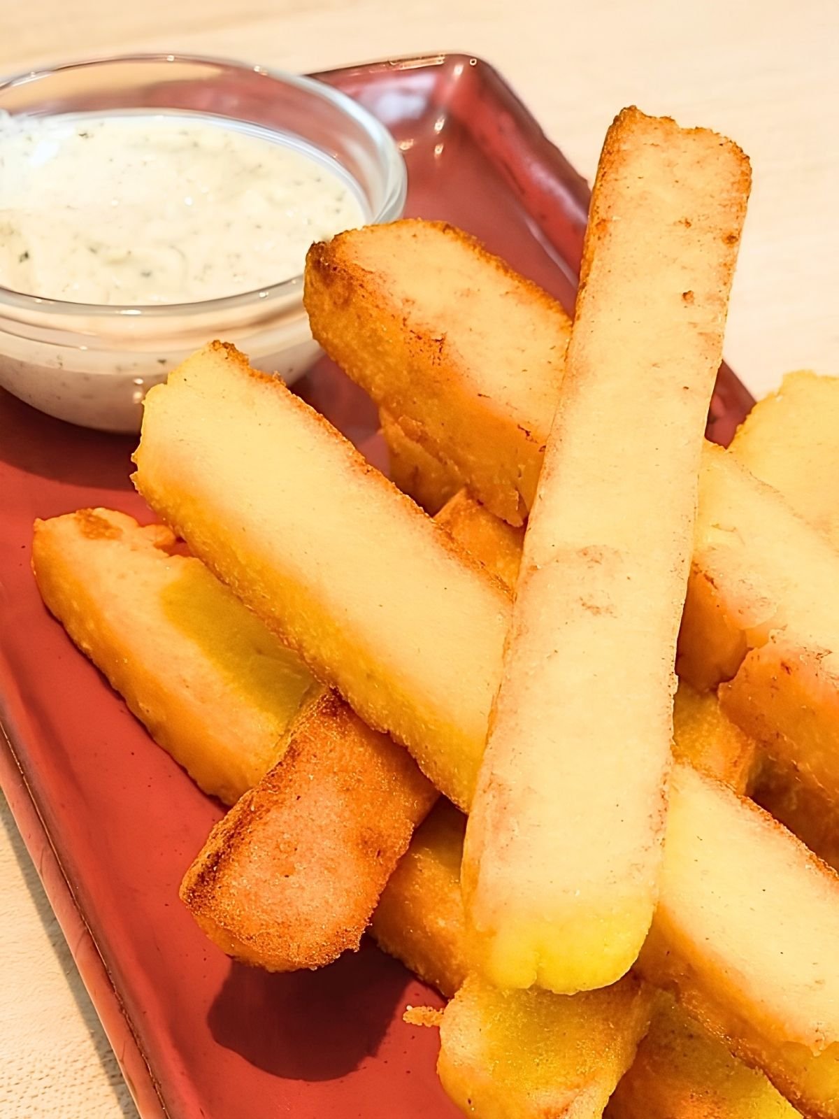 Golden polenta fries stacked on a red dish beside a small glass bowl of creamy dip