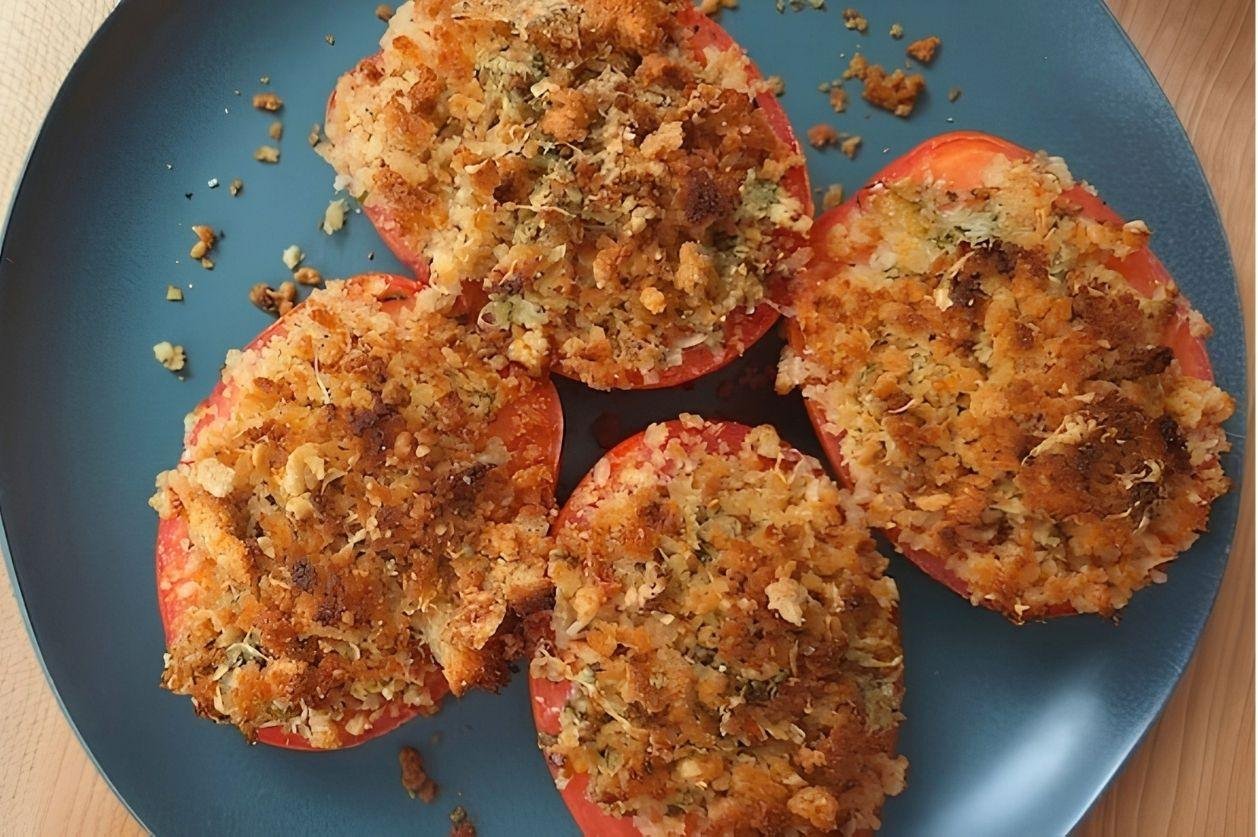 Baked Garlic Tomatoes topped with a crispy Parmesan and herb crust, served on a blue plate.