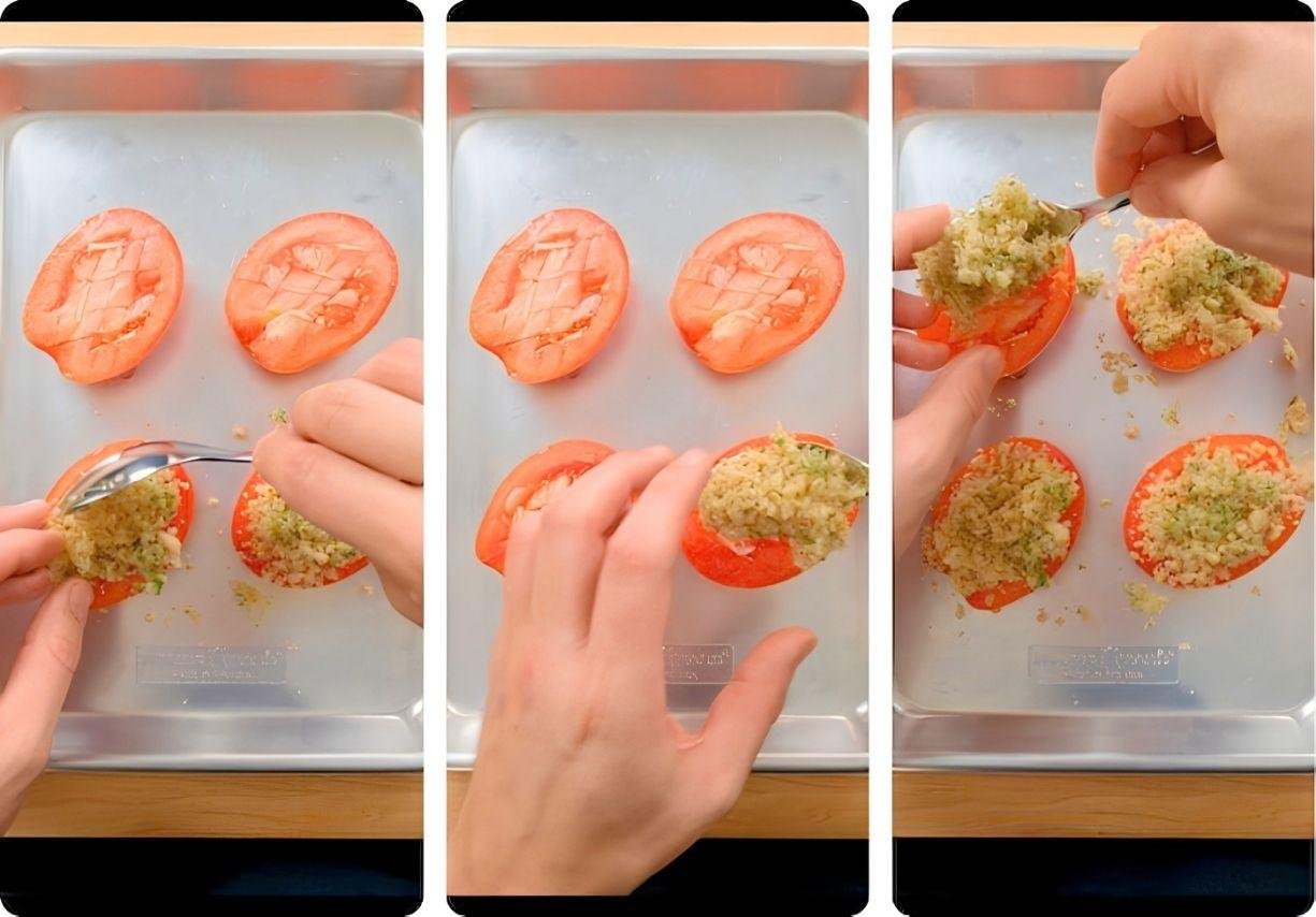 Halved tomatoes are being filled with a garlic, Parmesan, and basil mixture, showcasing the preparation of Garlic Tomatoes.
