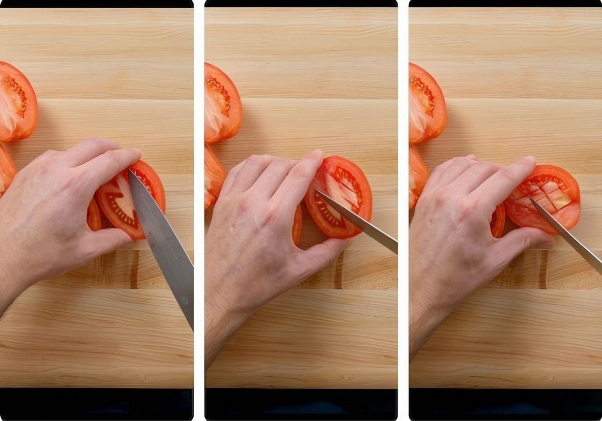 Hands slicing a tomato in three steps, demonstrating preparation for Garlic Tomatoes in a cooking process.