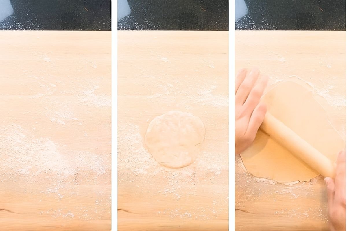 Hands rolling out dough on a floured surface, illustrating steps in a quick flat bread recipe.