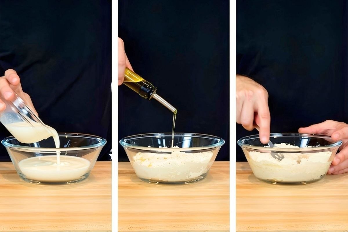 Ingredients being mixed in a bowl for a quick flat bread recipe, showcasing the preparation process.