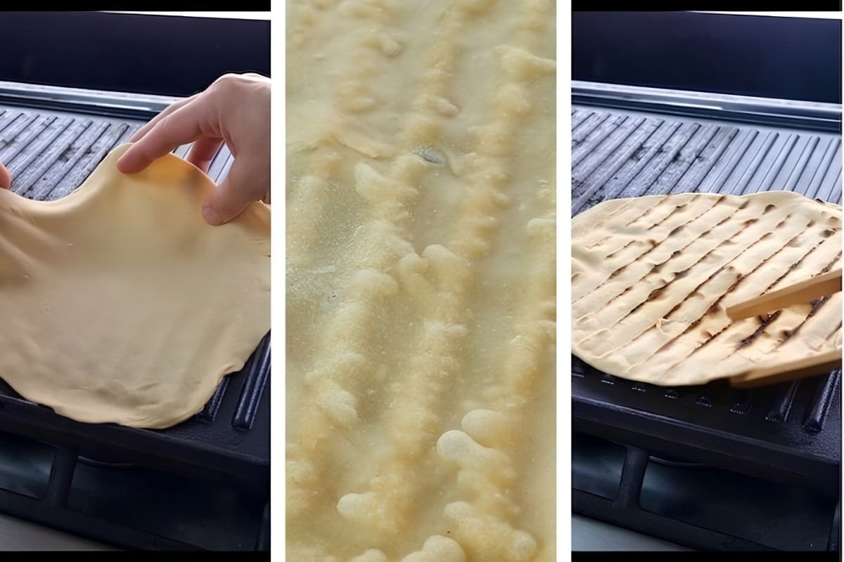 Hands stretch dough, close-up of textured flatbread, and grilled flatbread showcasing steps in a quick flat bread recipe.
