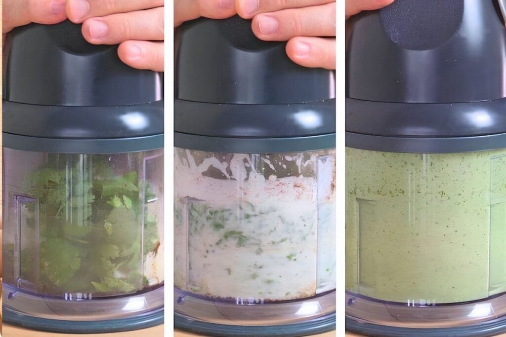 Three step photos of herbs and yoghurt being blended into smooth green raita in a food processor