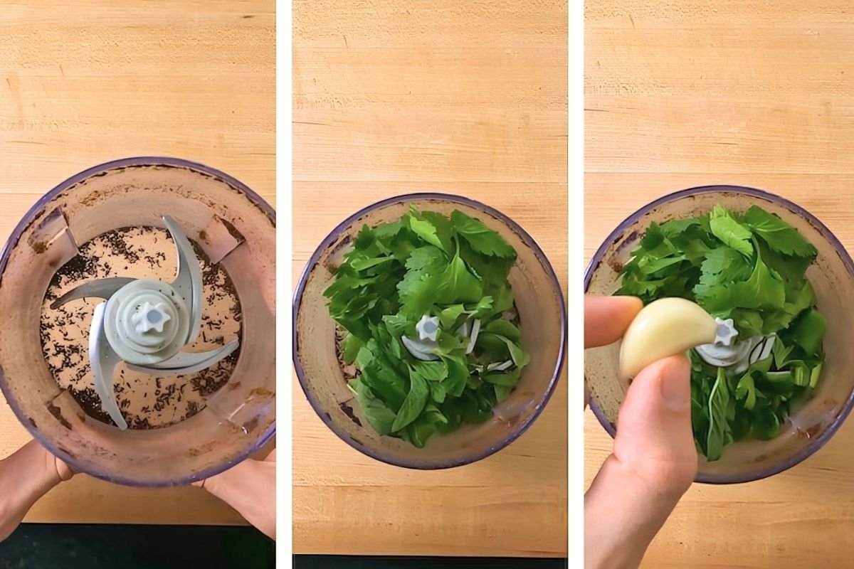 ground spices, coriander and garlic in blender