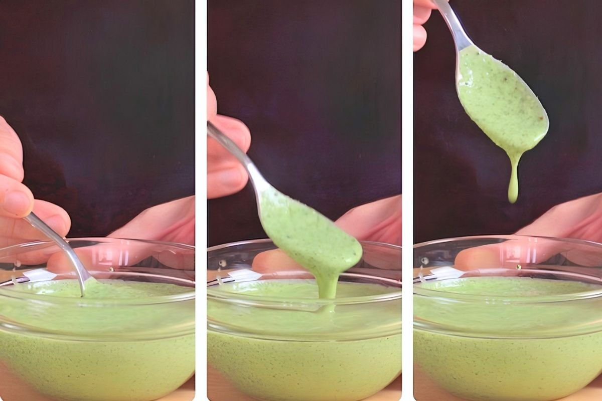 Three step photos of a spoon lifting smooth green raita from a glass bowl