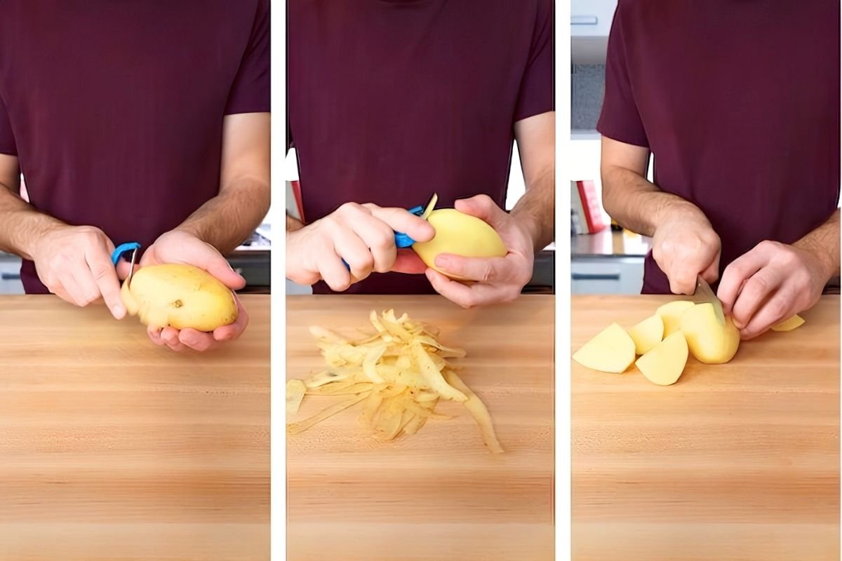 Peeling and chopping potatoes for the ultimate fries recipe, showcasing preparation steps on a wooden countertop.