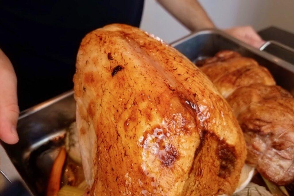 Close up of golden roasted turkey in a roasting tin