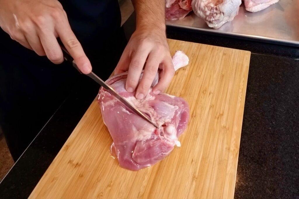 Person cutting into a raw turkey thigh with a knife on a wooden board