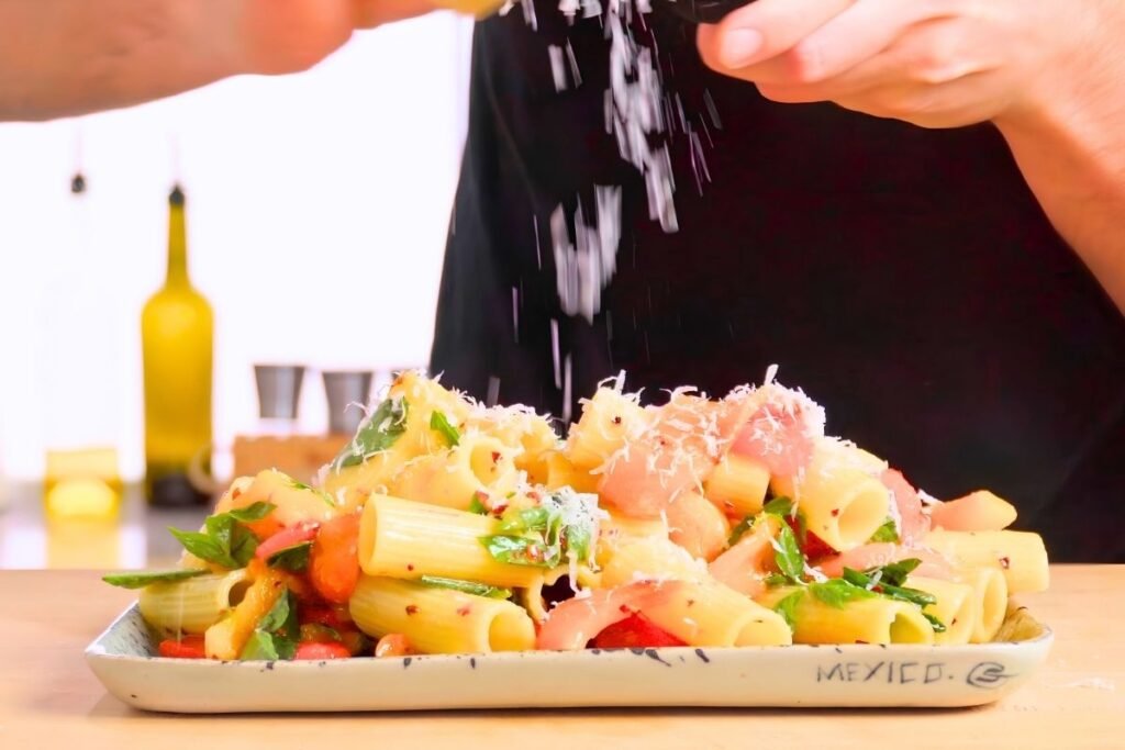 Grated cheese falling over a platter of rigatoni pasta salad with roasted peppers, basil and chilli flakes