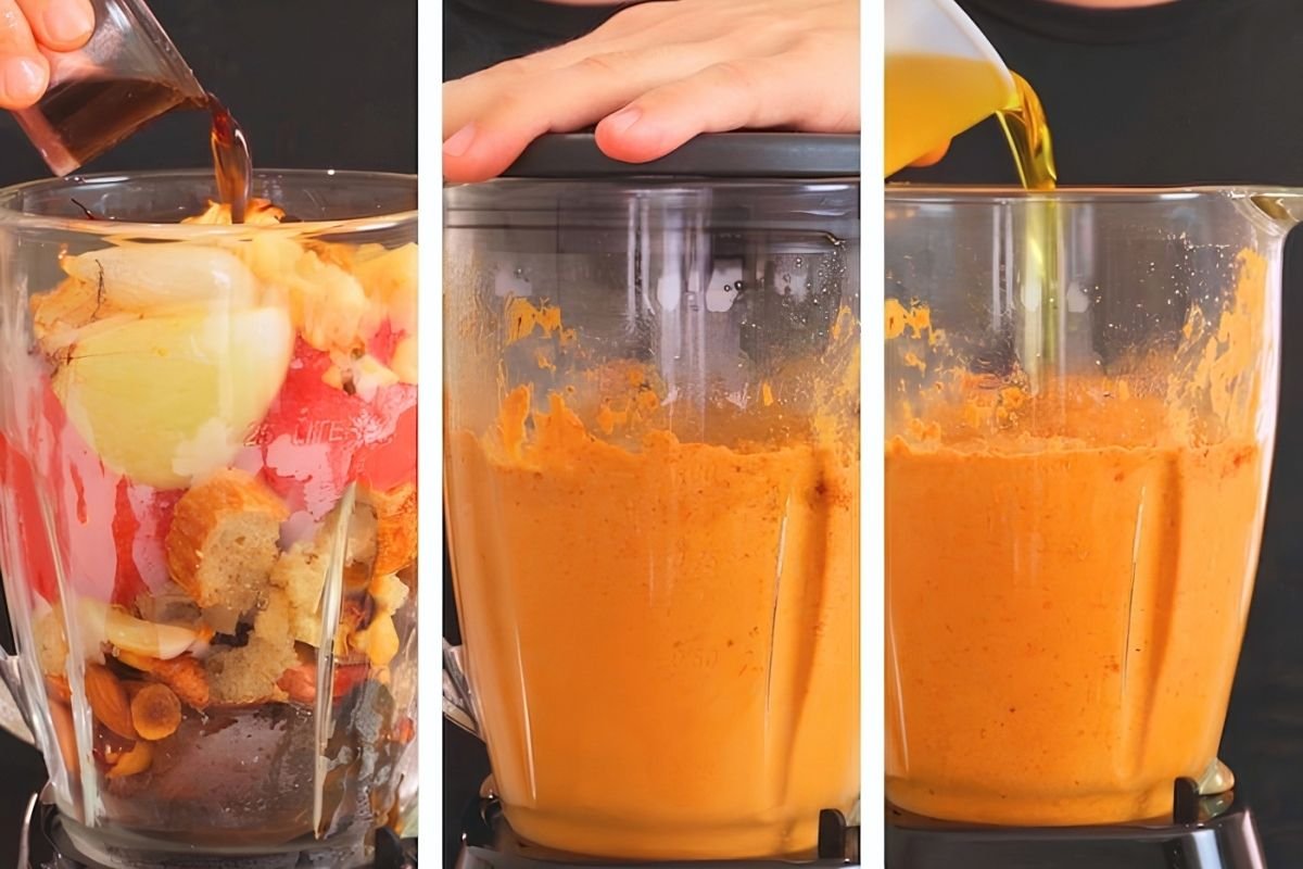 Three step photos of romesco ingredients being blended into an orange sauce, with vinegar and oil poured in