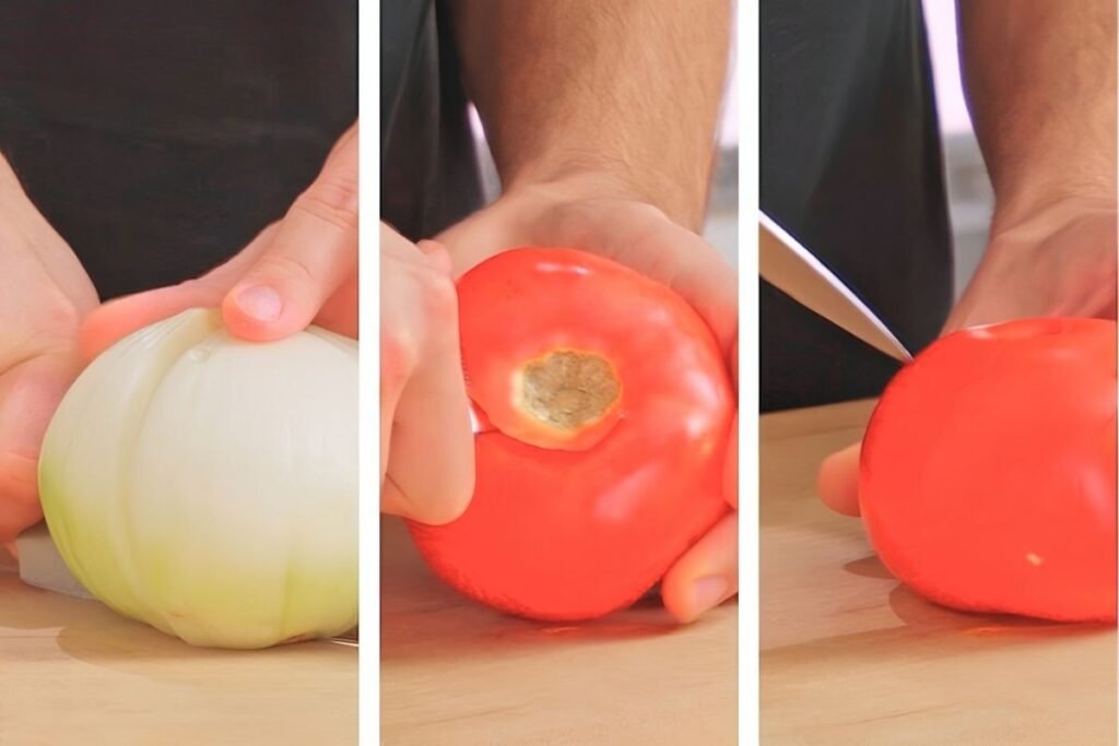 Three step photos of peeling an onion and coring a tomato