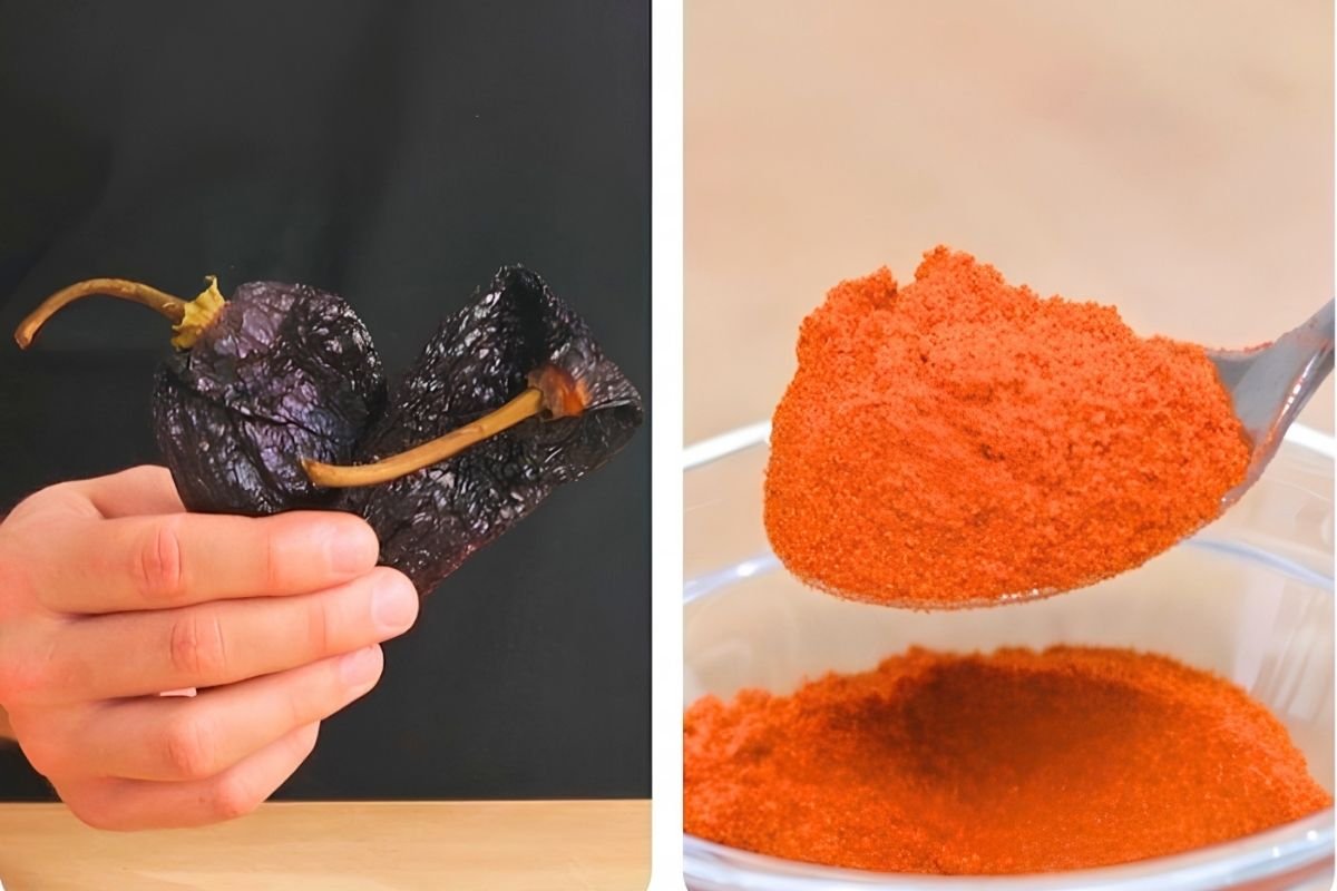 Hand holding dried dark chillies, and a spoonful of bright red paprika over a glass bowl