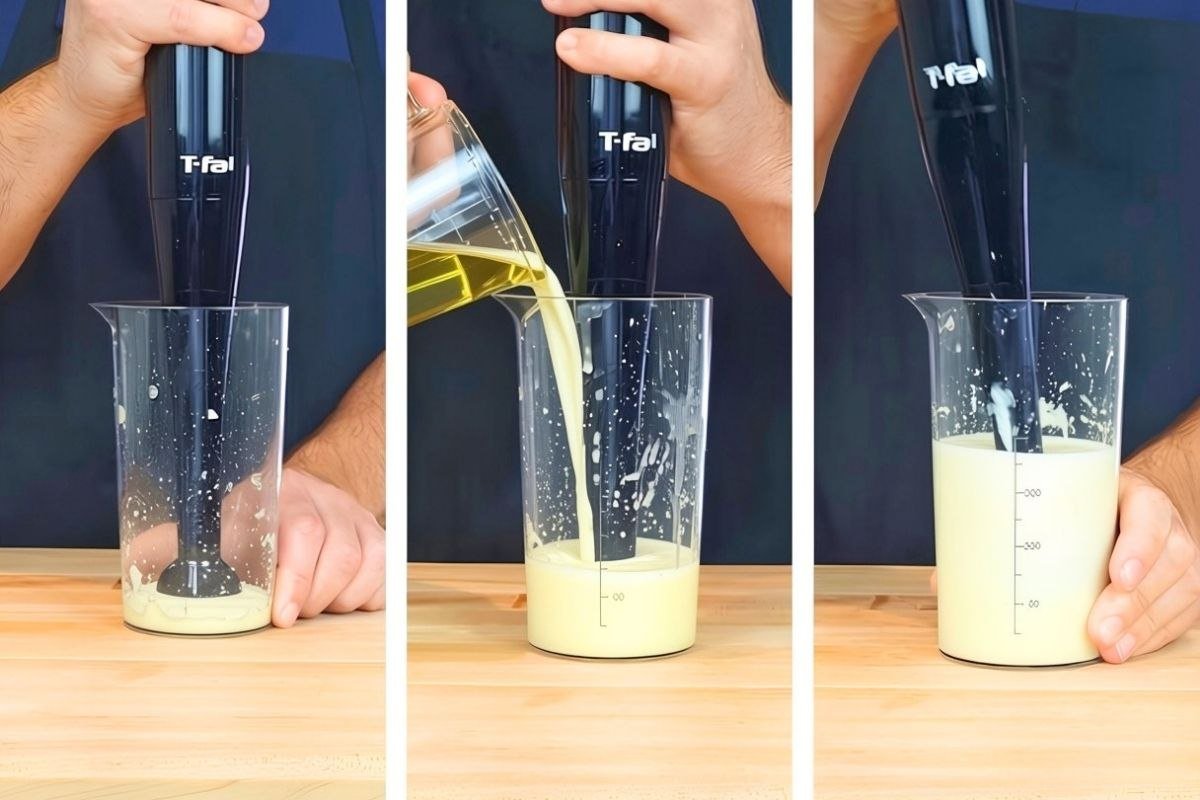 A person uses a hand blender whilst adding oil for a creamy aioli recipe in a measuring cup.