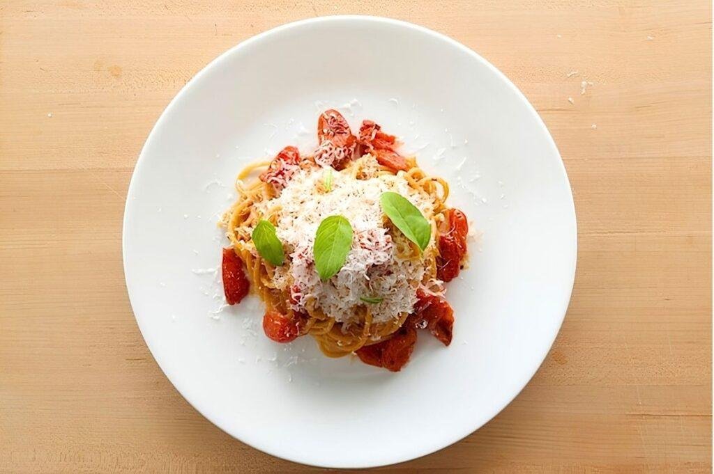 overhead shot of a plate of scarpariello pasta