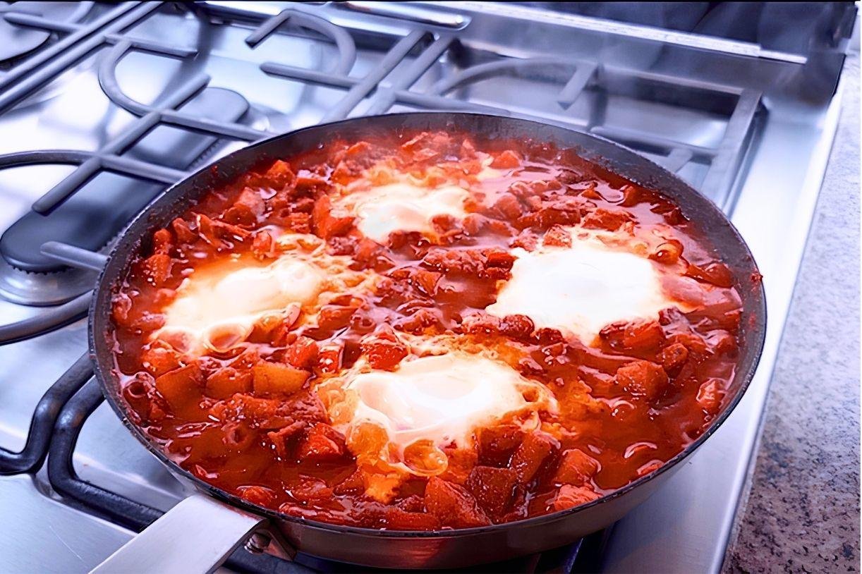 Skillet of shakshuka with three eggs cooking in a rich tomato sauce on the hob