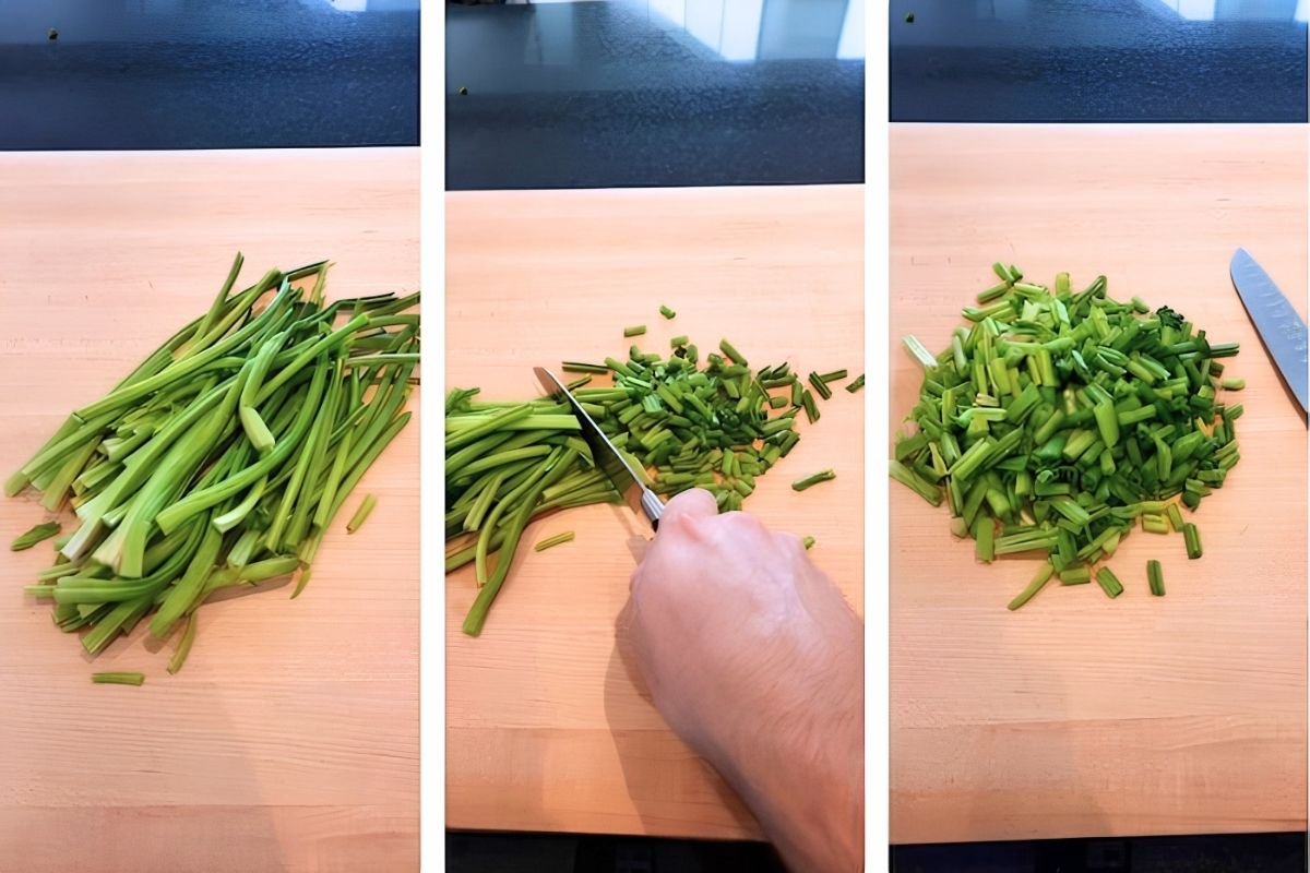 Three step photos of chives being chopped into short lengths on a wooden board