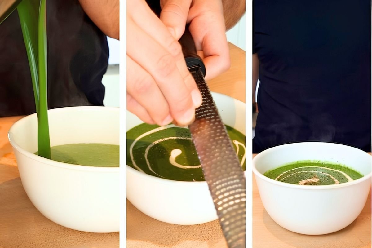 Three step photos of green soup being poured into a white bowl, swirled with cream and grated over