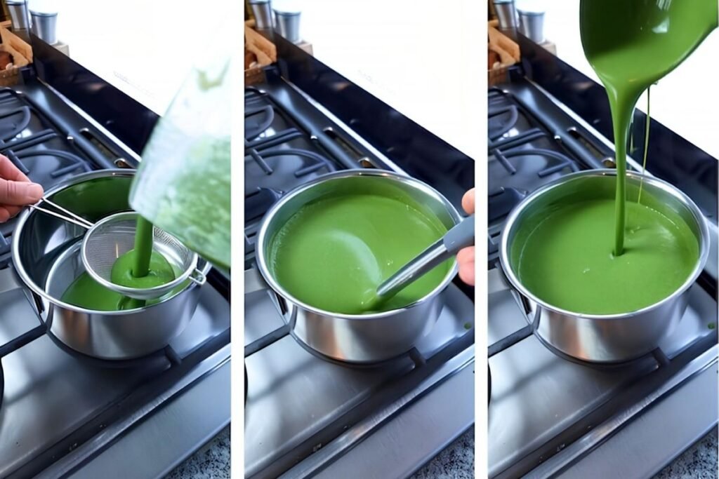 Three step photos of blended green soup being strained through a sieve into a saucepan on the hob