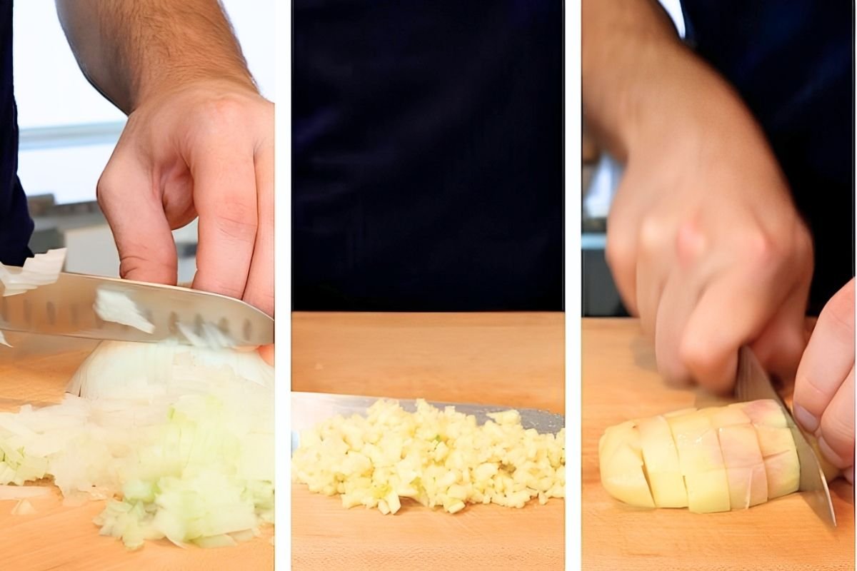 Three step photos of hands dicing onion and garlic on a wooden board