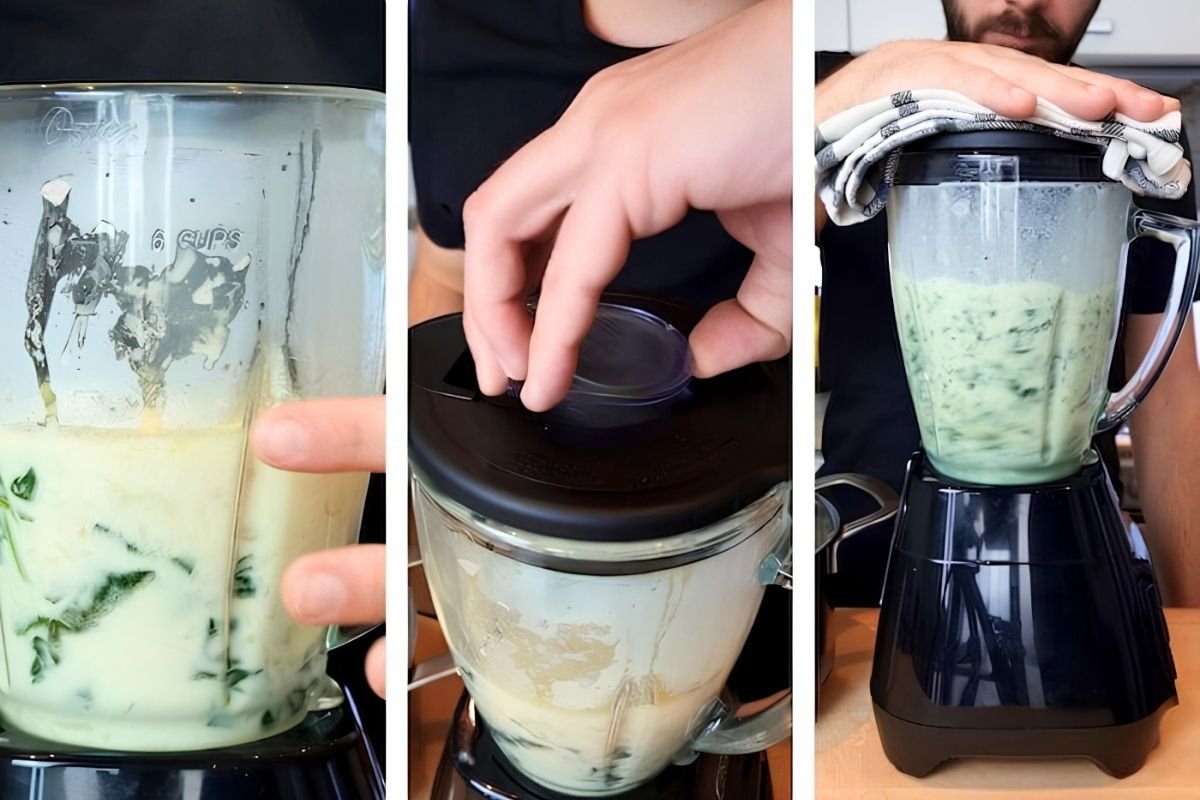 Three step photos of spinach soup being blended, with a hand pressing the lid on and a towel over the blender
