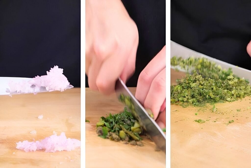 Three step photos of finely chopping shallot, capers and herbs on a wooden board