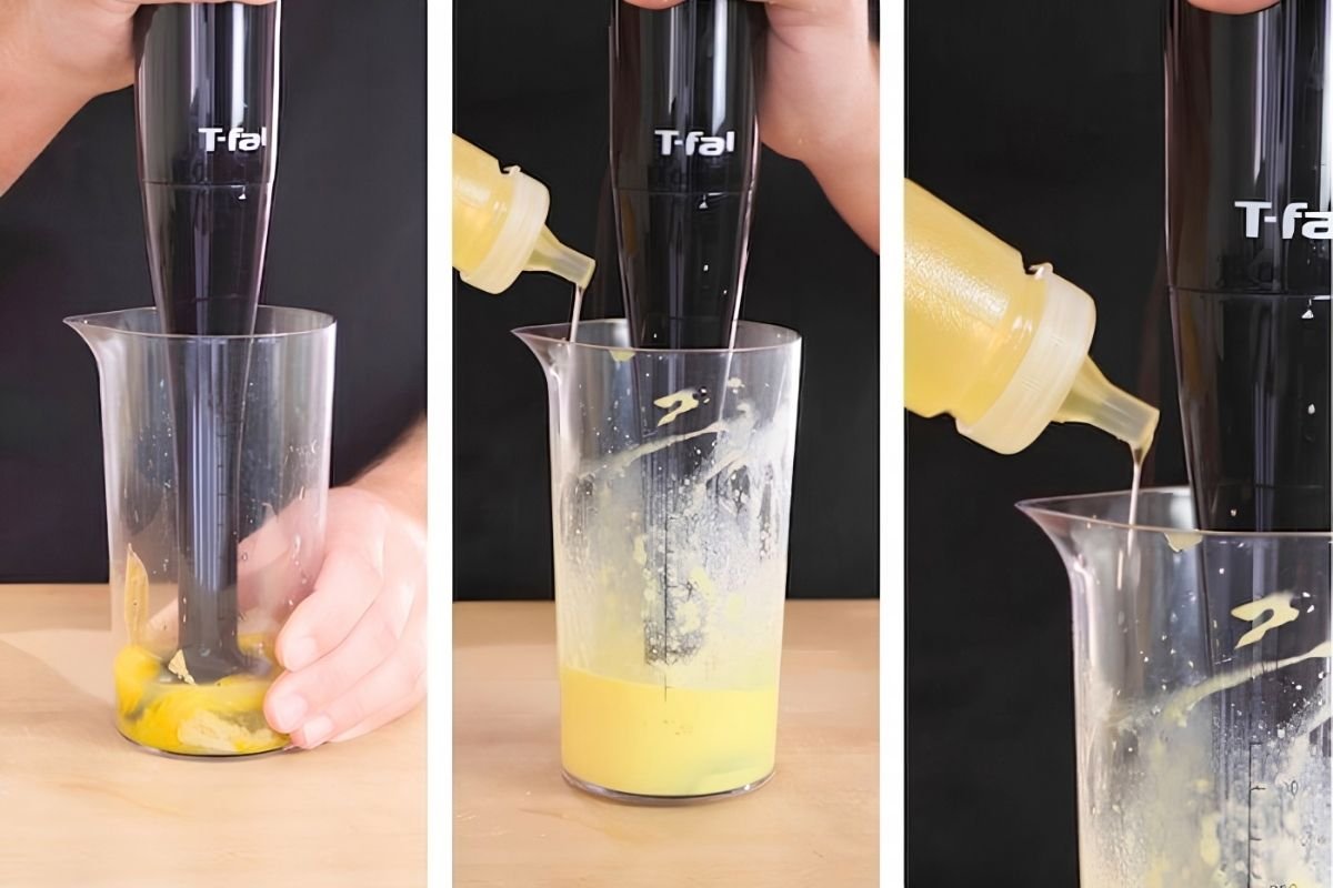 Three step photos of blending egg yolks and oil into mayonnaise in a jug with a stick blender