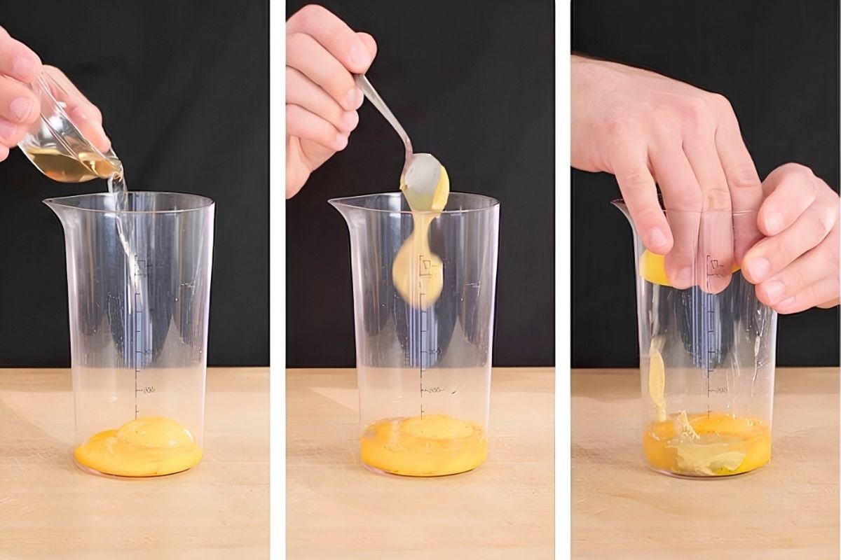 Three step photos of making mayonnaise: adding vinegar and mustard to egg yolks in a measuring jug