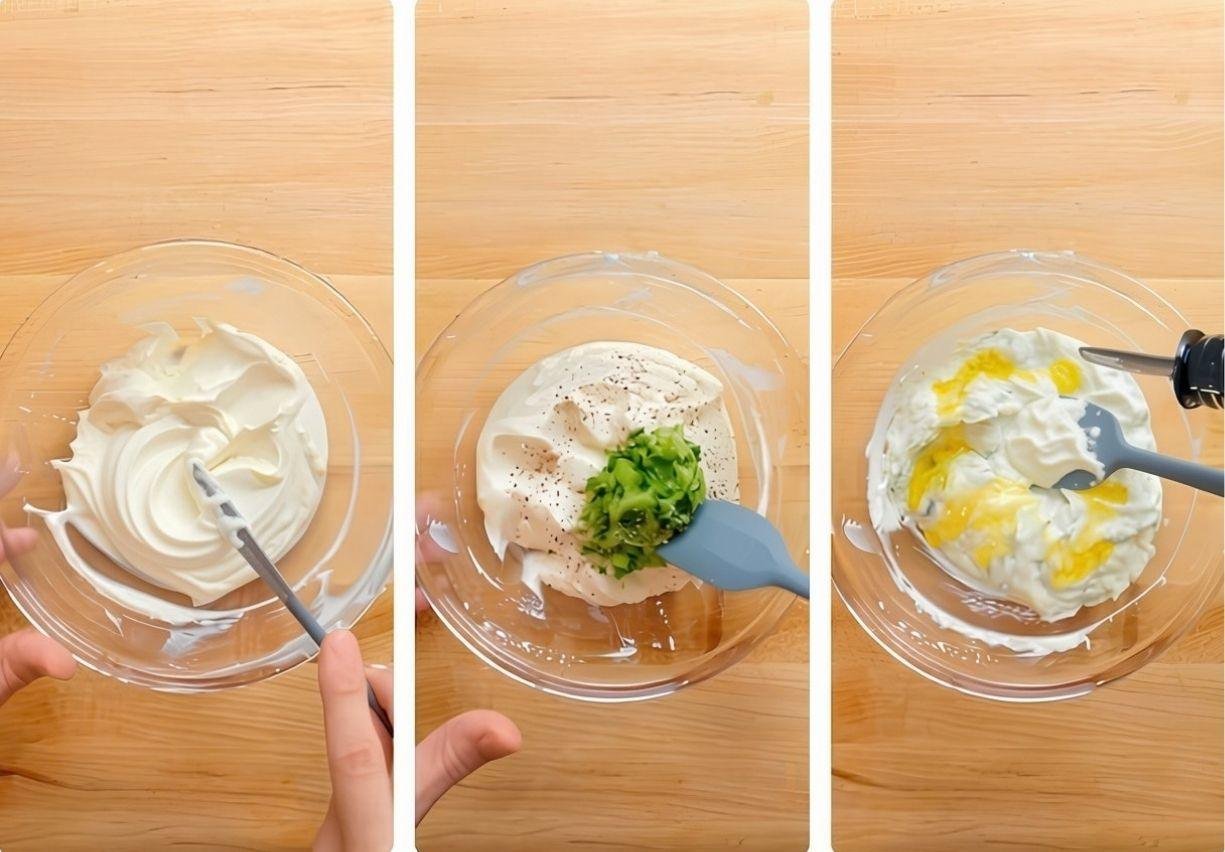 Three-step process of mixing ingredients for a tzatziki recipe in a clear bowl on a wooden surface.